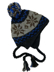 Free Authority Mens Black Blue & Gray Snowflake Pom Top Peruvian Trapper Hat