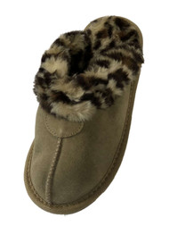 Girls Tan Suede Scuff Slippers House Shoes With Faux Fur Leopard Trim