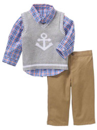 Infant Boys Plaid 3 Piece Dress Up Outfit Shirt Anchor Vest & Pants Set