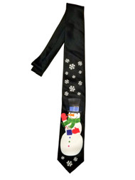 Men's Black Neck Tie Snowman With Hot cocoa