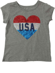 Toddler Girls Gray USA Glitter Heart Patriotic Fourth Of July Holiday T-Shirt