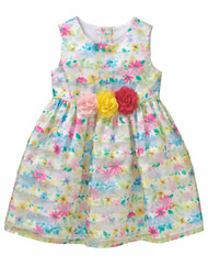 Toddler Girls Pink Yellow & Green Shimmer Satin Floral Easter & Holiday Dress