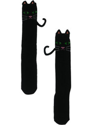 Green Eyed Black Kitty Cat Knee High Tailed 3-D Ear Socks Size 9-11