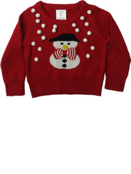 Infant & Toddler Girls Red Knit White Pom Pom Snowman Pullover Chirstmas Sweater