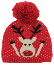 David & Young Womens Red Sequin Reindeer Holiday Beanie Hat Knit Stocking Cap