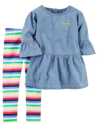 Carters Little Girls Outfit Blue Chambray Shirt & Rainbow Striped Pants