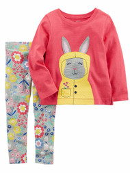Carters Infant Girls Bunny Rabbit Baby Outfit Pink Shirt & Floral Leggings