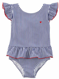 Carters Infant Girls 1 Pc Ruffled Blue Stripe Swim Suit Swimming & Bathing 6m