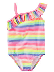 Carters Infant Girls 1 Pc Neon Pink Stripe Swim Suit Ruffled Swimming & Bathing