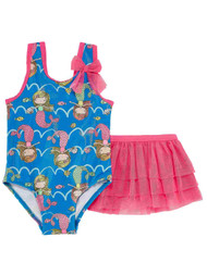 Toddler Girls 1PC Blue Mermaid & Fish Swim Suit & Pink Tutu Skirt Cover-Up 2T