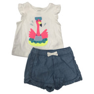 Carters Infant Girls Pink Flamingo Baby Outfit Bird Shirt & Chambray Shorts