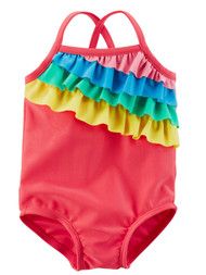 Carters Infant Girls 1PC Pink Rainbow Ruffle Swim Suit Swimming & Bathing