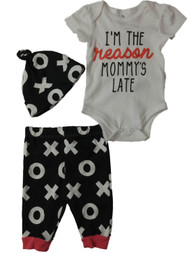 Infant Girls Reason Mommys Late Bodysuit Beanie & Leggings 3-PC Outfit