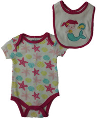 Infant Girls Pink Mermaid Fish Starfish Bib & Bodysuit 2-PC Outfit