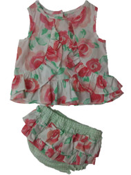 Infant Girls Pink Roses Green Gingham Print 2-PC Floral Flower Outfit
