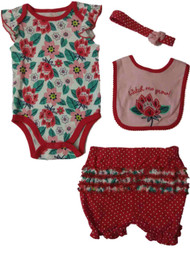 Infant Girls Pink Lotus Floral Flower 4-PC Bodysuit Bib Headband Outfit