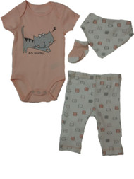 Infant Girls Pink Lazy Caterday Kitty Cat Kitten 4-PC Bodysuit Outfit