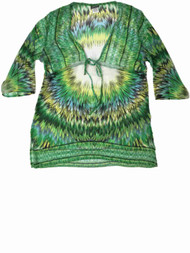 Womens Sheer Green Yellow & Black Swim Suit Cover Up Feather Print Cover-Up