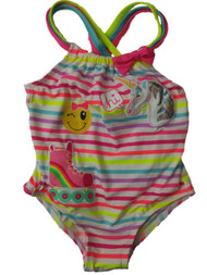 Toddler Girls Neon Emoji Unicorn Rollerskate Stripe 1 Piece Swimming Suit