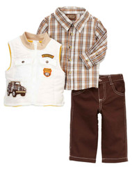 Boyz Wear Infant Boys 3PC BAby Outfit Off Road Vest Plaid Shirt & Pants Set