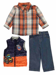 Boyz Wear Infant Boys 3PC Baby Outfit Monster Truck Vest Plaid Shirt & Jeans