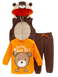 Boyz Wear Infant Boys 3-Piece Bear Pal Outfit Hooded Vest Shirt & Pants Set