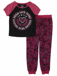Girls Black & Pink Smile Love Sleep Pajamas Lightweight Heart Sleep Set