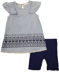 Girls Blue Denim Heart & Tribal Print Ruffle Sleeve Dress Navy Blue Short Outfit