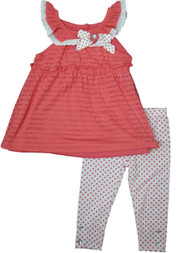 Girls Coral White Polka Dot Eyelet Ruffled Tank Top Legging Shorts 2 PC Outfit
