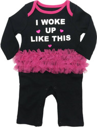 Infant Baby Girls I Woke Up Like This Black & PInk Ruffle Coverall Outfit