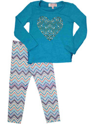 Girls Electric Blue Lace Back Studded Heart Polka Dot Chevron Leggings Outfit