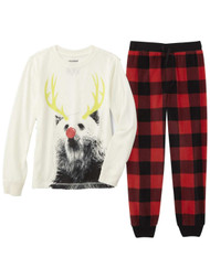 Boys Red Plaid Reindeer Pajamas Christmas Sleep Set T-Shirt & Fleece Pant
