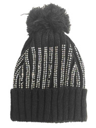 Womens Black & Silver Knit Sequin Pom Beanie Hat Knit Stocking Cap