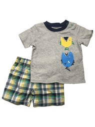 Carters Infant Boys Piranha Fish Baby Outfit Gray Shirt & Plaid Shorts Set