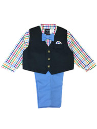 Infant & Toddler Boys Colorful Blue Plaid Suit Dress Up Outfit Bow Tie & Vest