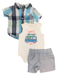 Infant Boys 3PC Baby Outfit Surfs Up Bodysuit Blue Plaid Shirt & Shorts