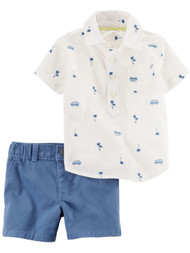 Carters Infant Boys Palm Trees & Van Baby Outfit Shirt & Blue Shorts Set
