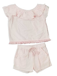 Girls Outfit White & Pink Stripe  Fringe Shirt & Short Set Outfit