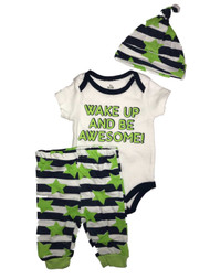 Infant Boys Wake Up & Be Awesome Baby Outfit Green Stars 3pc Beanie Hat Set