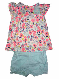 Carter's Infant Pink & Blue Flower Shirt & Blue Shorts With Bows Baby Set