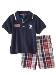 US Polo Assn Infant & Toddler Boys Polo Navy Blue Baby Outfit Red Plaid Set