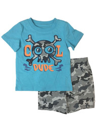 Toddler Boys Cool Dude Outfit Skull & Crossbones Shirt & Camo Shorts Set