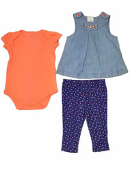 Infant Girls Baby Orange Body Suit Jean Denim Dress & Navy Flower Leggings
