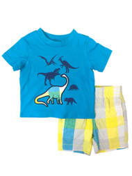 Infant & Toddler Boys Dinosaur Outfit Blue Dino Shirt & Plaid Shorts Set
