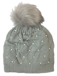 Womens Beaded Gray Pearl Pom Beanie Hat Knit Stocking Cap Faux Fur
