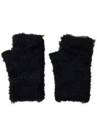 Womens Fuzzy Black Faux Fur Fingerless Knit Gloves Text & Tech