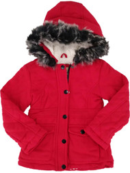 Girls Fleece Sherpa Lined Coat Red Quilted Fur Trim Hooded Jacket