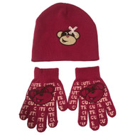 Girls Hot Pink Monkey Beanie Hat & Gloves Set Stocking Cap