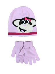 Girls Pink Monkey Beanie Hat & Gloves Set Stocking Cap