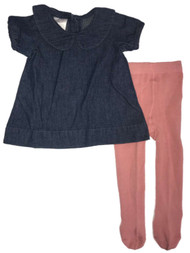 Infant Girls Baby Jean Denim Peter Pan Collar Dress With Pink Knit Tights